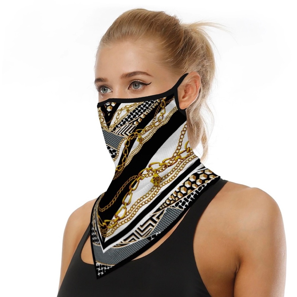 NWT Chic AMRITA SINGH Sexy Chain Print BANDANA MASK Black/White/Gold MEDALLION